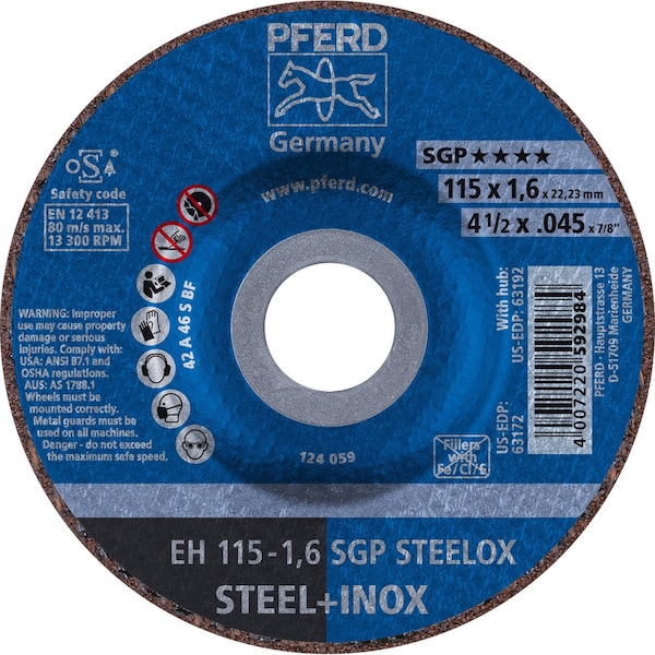 Pferd 63172 4-1/2in x .045in Cut-Off Wheel, 7/8in AH A 46 S SGP-INOX - Type 27 63172-PFERD - main